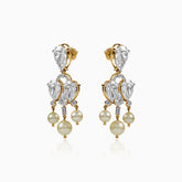 Diamond and pearl chandelier earrings in gold with teardrop stones and hanging pearls
